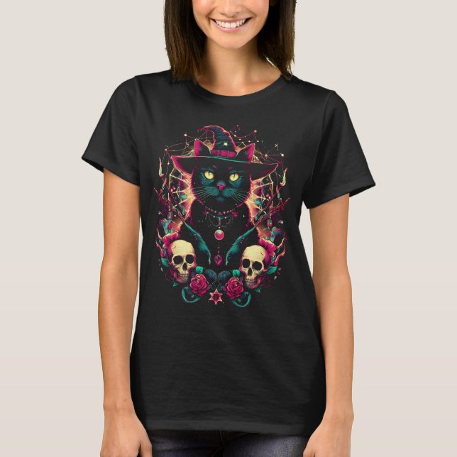 T-shirt Halloween Witch Kitty Amongst Crânes et Roses (Devant)