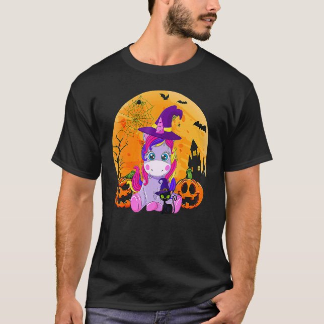 T-shirt Halloween Witchy Unicorn Black Cat Pumpkin Girls W (Devant)