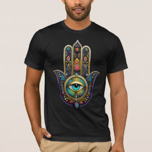 T-shirt Hamsa noir coloré or avec troisième œil turquoise