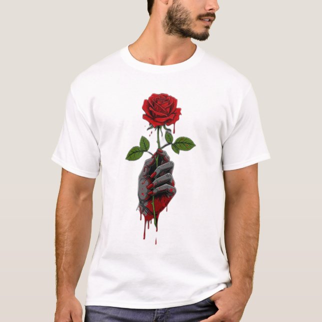 T-shirt Hand Holding a Thorny Rose with Blood Illustration (Devant)