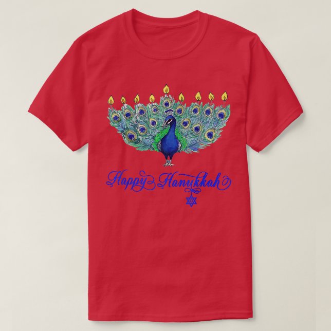 T-shirt Hanoukka Peacock Menorah Chanukah juif (Design devant)