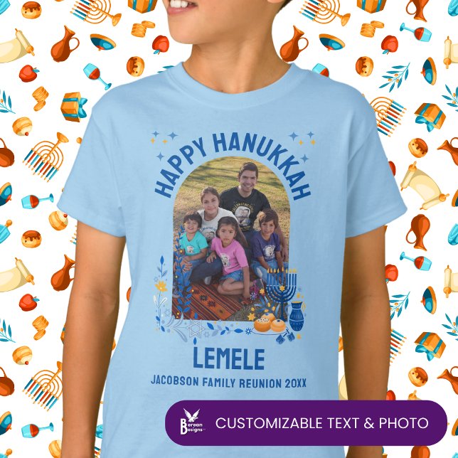 T-shirt HANOUKKA RÉUNION FAMILIALE LÉMÈLE Personnalisé Enf (Customizable photo and text for Hanukkah family reunion. Matching shirt and gifts available.)