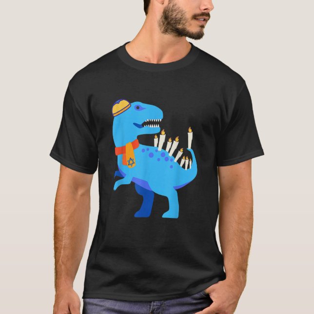 T-shirt Hanukkah Chanukkah Blue Dinosaur Menorasaurus (Devant)