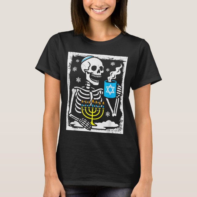 T-shirt Hanukkah Skeleton Coffee Dreidel Jewish Menorah Ch (Devant)