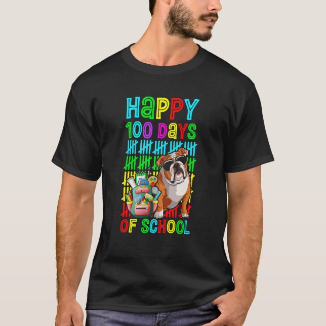 T-shirt Happy 100th Day Of School Boys English Bulldog Dog (Devant)