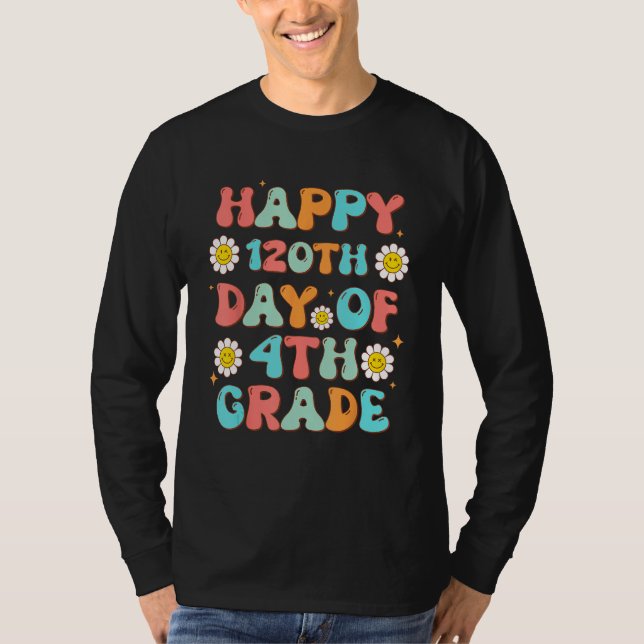 T-shirt Happy 120th Day Of 4th Grade Retro Groovy Teacher  (Devant)