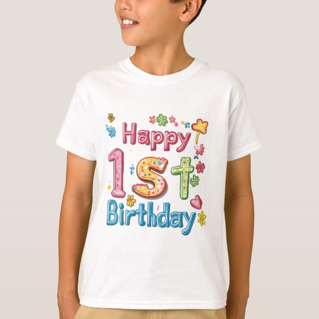 T-shirt Happy 1st Birthday – Colorful Birthday Celebration (Devant)