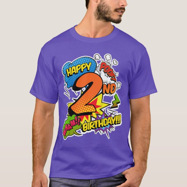 T-shirt Happy 2nd Birthday Boys Comic Style superpower Sup (Devant)