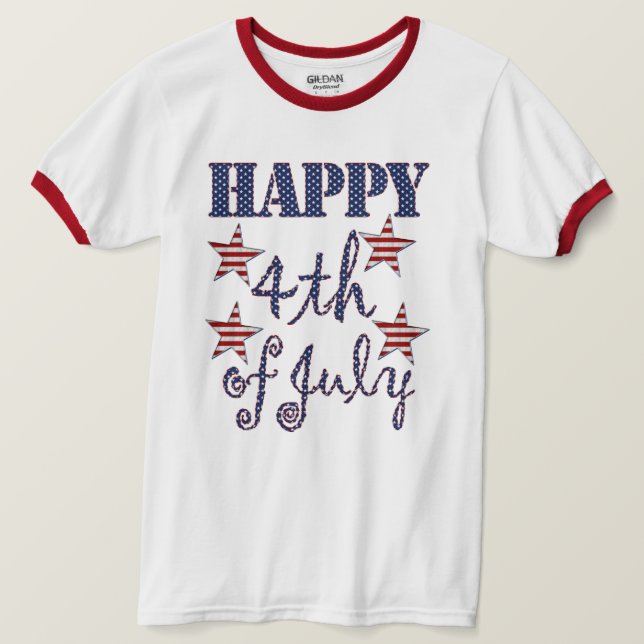 T-shirt Happy 4 juillet Stars and Stripes Typographie (Design devant)