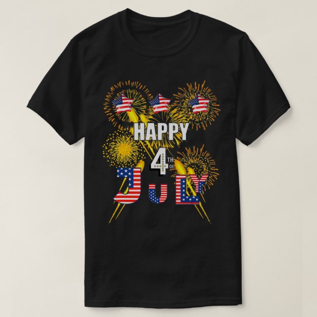 T-SHIRT HAPPY 4TH OF JULY FLAG, FIREWORKS BALLOONS MEN WOM (Design devant)