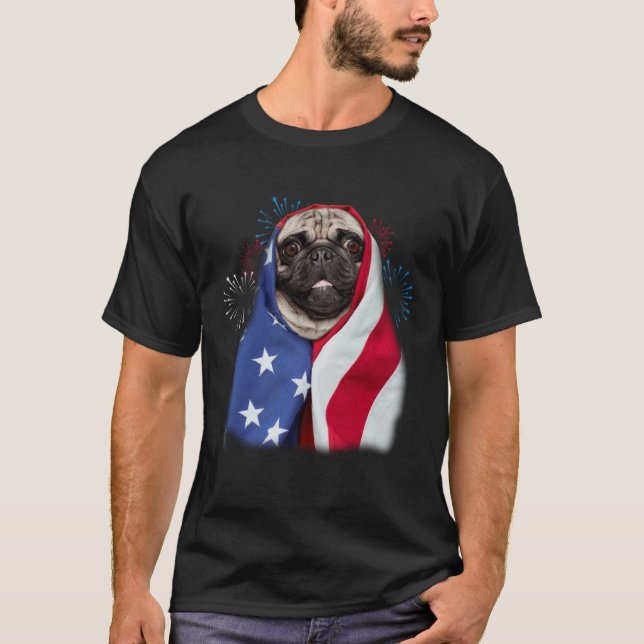 T-shirt Happy 4th Of July Pug Wearing American Flag Pride (Devant)