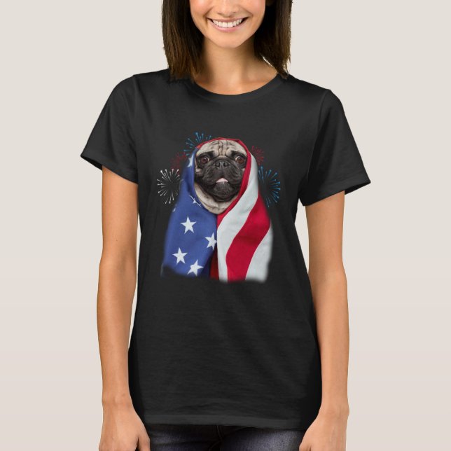 T-shirt Happy 4th Of July Pug Wearing American Flag Pride (Devant)