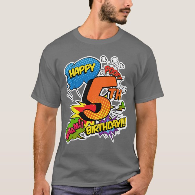 T-shirt Happy 5th Birthday Boys Comic Style Superpower Sup (Devant)