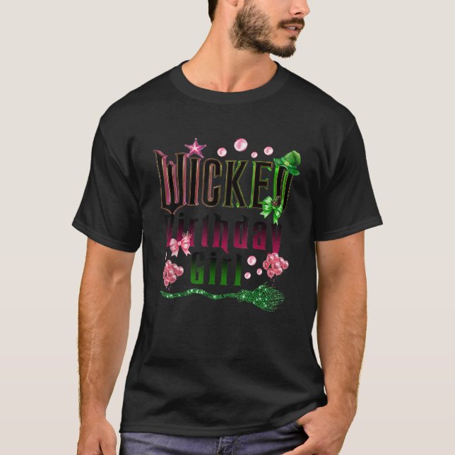 T-shirt Happy Birthday Girl Witch Green Princess Pink Bow (Devant)