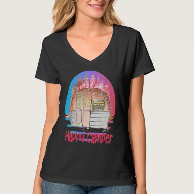 T-shirt Happy Camper Retro Sunset with Teardrop Camper (Devant)