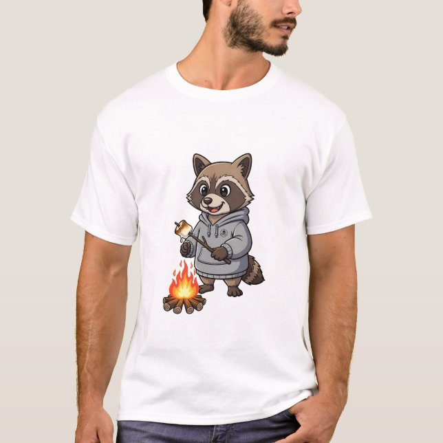 T-shirt Happy Camping Raccoon in Hoodie Roasting (Devant)