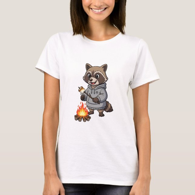 T-shirt Happy Camping Raccoon in Hoodie Roasting (Devant)