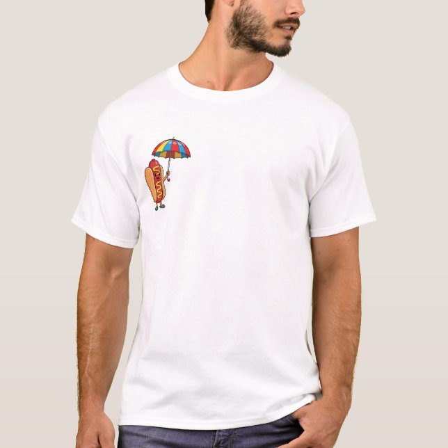 T-shirt Happy Cartoon Hotdog Character Holding Umberella (Devant)