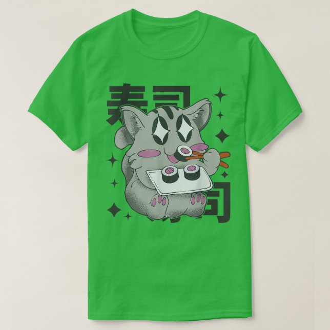 T-shirt Happy Cat Manger Sushi Japon Style Kawaii Anime Su (Design devant)