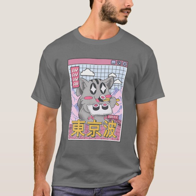 T-shirt Happy Cat Manger Sushi Vaporwave Aesthétique Anime (Devant)
