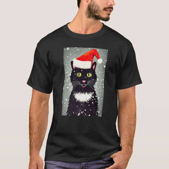 T-shirt Happy Cat Santa Hat Winter Christmas Holiday Vinta (Devant)