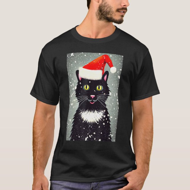 T-shirt Happy Cat Santa Hat Winter Christmas Holiday Vinta (Devant)