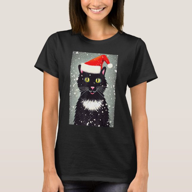 T-shirt Happy Cat Santa Hat Winter Christmas Holiday Vinta (Devant)