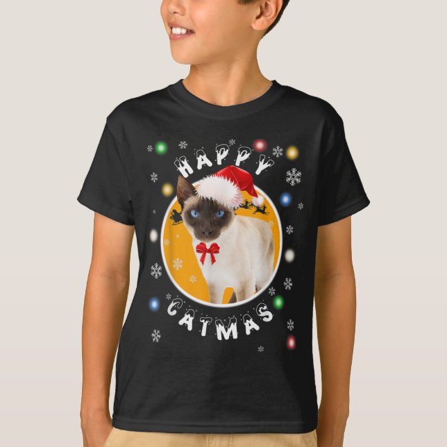 T-shirt Happy Catmas Siamese Chat de Noël à Santa Hat (Devant)
