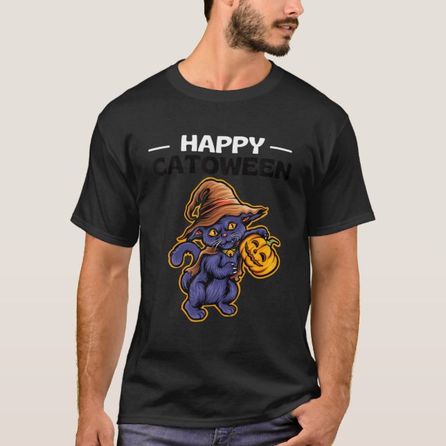 T-shirt Happy Catoween Meoween Halloween Chat Citrouille d (Devant)