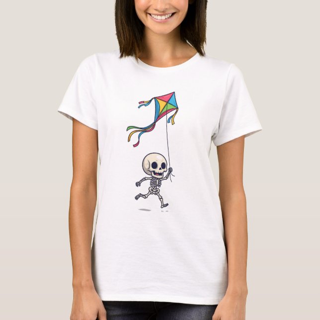 T-shirt Happy Chibi Skeleton Running with Colorful Kite (Devant)