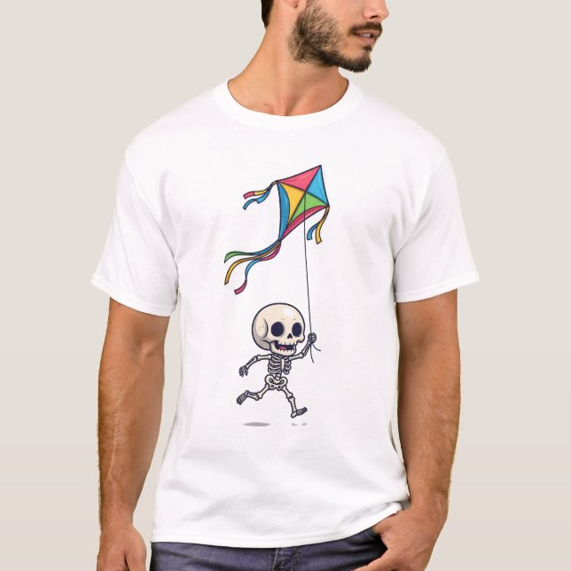 T-shirt Happy Chibi Skeleton Running with Colorful Kite (Devant)