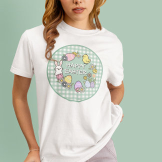 T-shirt Happy Easter Bunny Chick Eggs Green Gingham