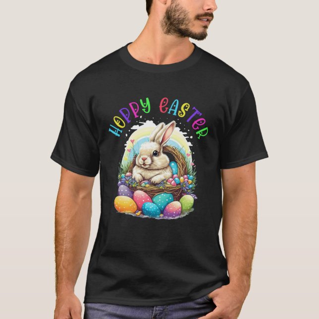 T-shirt Happy Easter Bunny Ears Easter Eggs Basket Rabbit  (Devant)