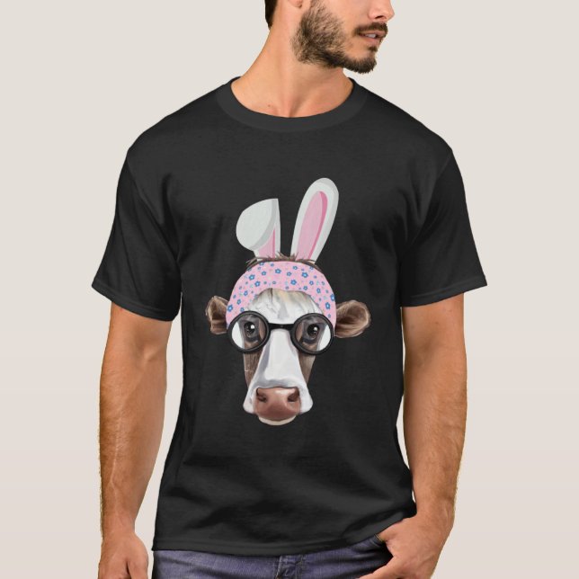 T-shirt Happy Easter Bunny Rabbit Ears Cute Cow  Floral Gl (Devant)