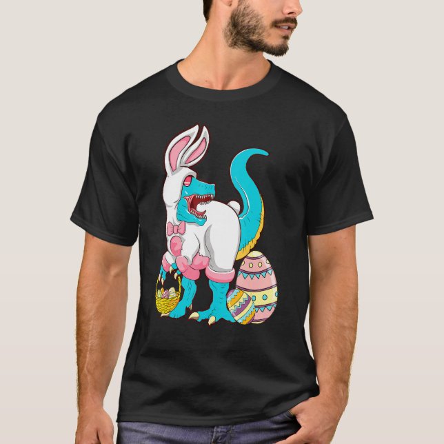 T-shirt Happy Easter Bunny T Rex With Eggs Busket (Devant)