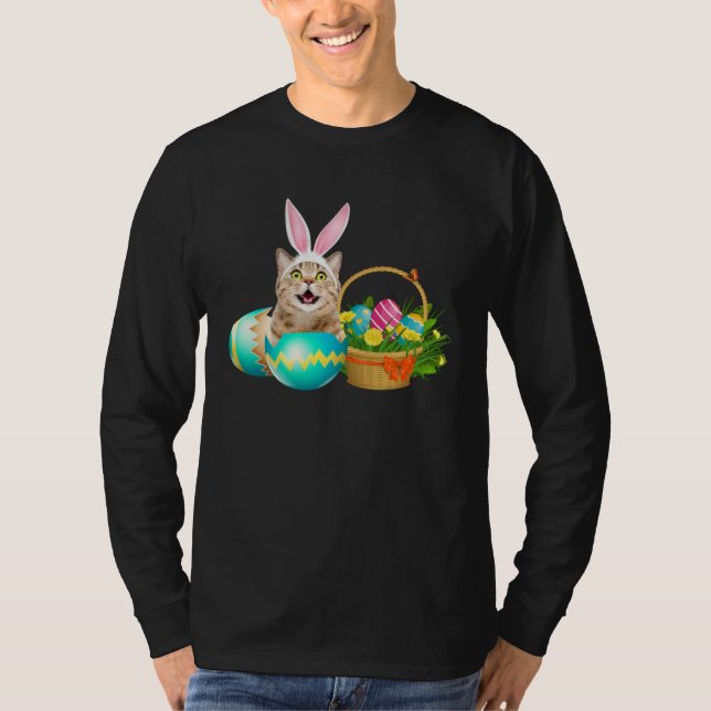 T-shirt Happy Easter Cute Bunny Cat Eggs Basket Men Women (Devant)