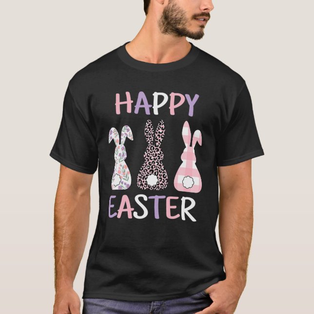T-shirt Happy Easter Cute Pink Leopard Plaid Flower Bunny (Devant)