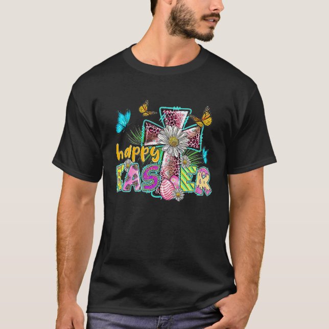T-shirt Happy Easter Egg Christian Leopard Jesus Cross But (Devant)