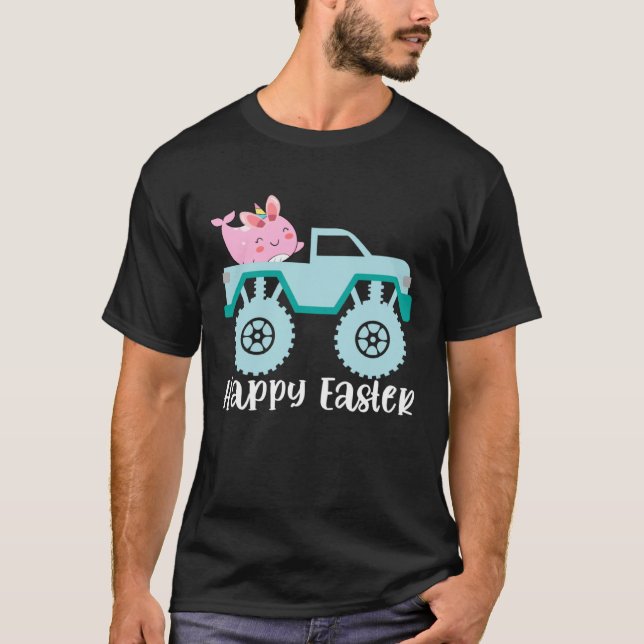 T-shirt Happy Easter Narwhal Riding Monster Truck Toddler (Devant)