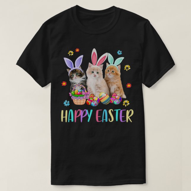 T-shirt Happy Easter Three Cat Wearing Bunny Ear Kitty Kit (Design devant)