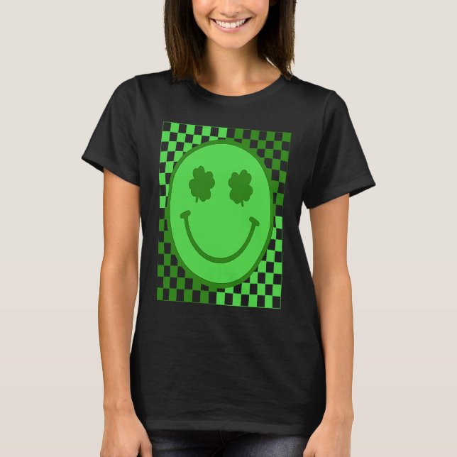 T-shirt Happy Face Checked Shamrock Green C Boy Girl (Devant)