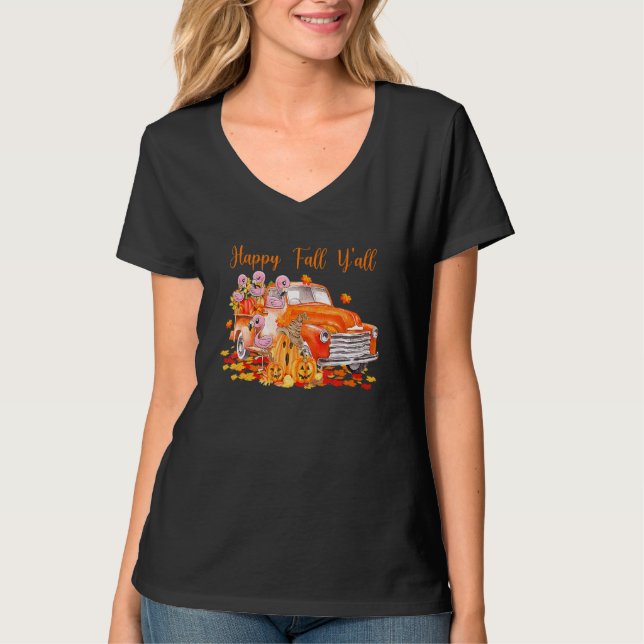 T-shirt Happy Fall Y'all Flamant rose Truck Citrouille Aut (Devant)