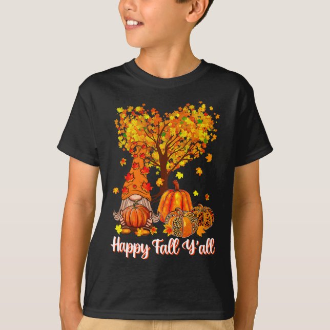 T-shirt Happy Fall Y'all Funny Gnome Leopard Pumkin Autum (Devant)