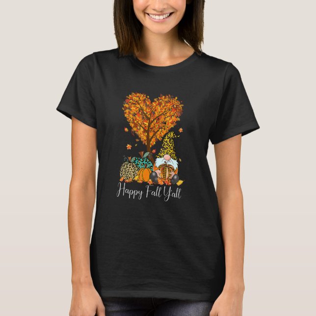 T-shirt Happy Fall Y'all Gnome Leopard Citrouille Automne  (Devant)