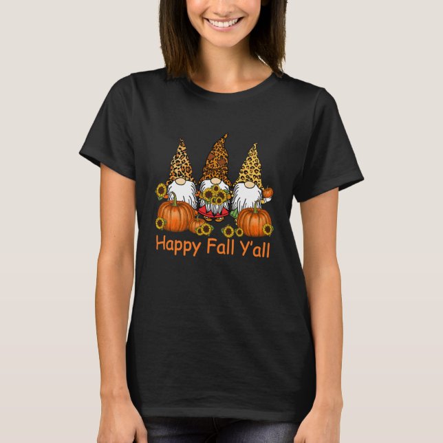 T-shirt Happy Fall Y'all Gnome Leopard Pumpkin  Autumn Gno (Devant)