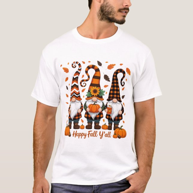 T-shirt Happy Fall Y'all Gnomes, Gnomes Citrouille Automne (Devant)