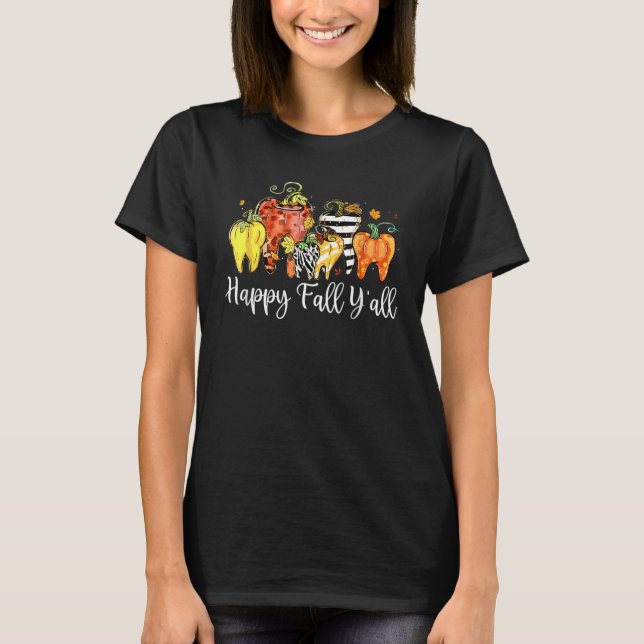 T-shirt Happy Fall Y'all Pumpkin Tooth Lepard Zebra Hallow (Devant)