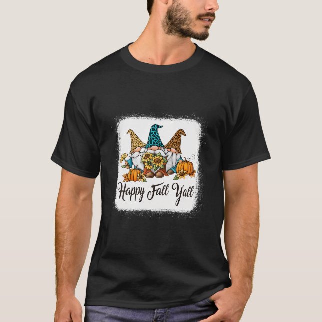 T-shirt Happy Fall Yall Three Gnomes Leopard Sunflower (Devant)