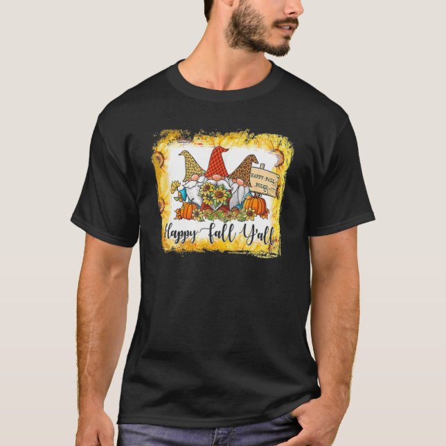 T-shirt Happy Fall Y'all Trois Gnome Leopard Plaid Citroui (Devant)