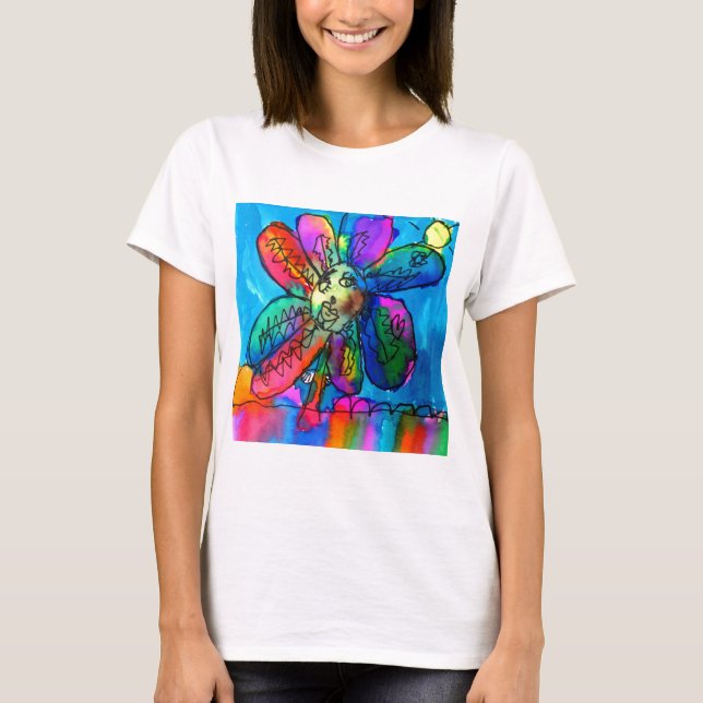 T-shirt Happy Flower's art rose et bleu stylo et encre (Devant)